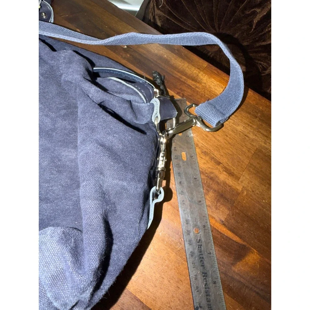 Goldman Sachs Navy Blue Canvas Duffel Bag Leather Trim Travel Weekend Gym Bag